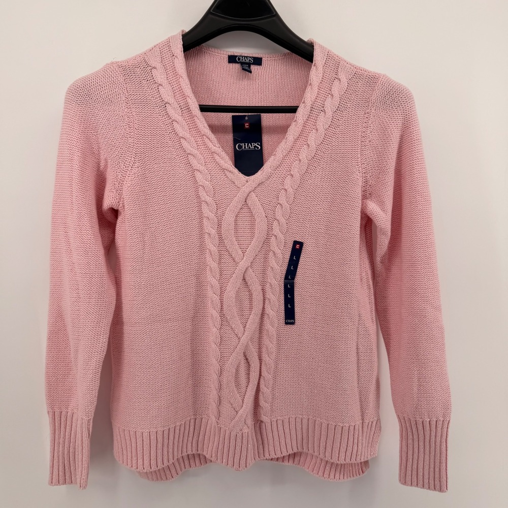 Chaps Sweater Womens L Pink Cable Knit V-Neck Metallic Shimmer Long Sleeve NEW